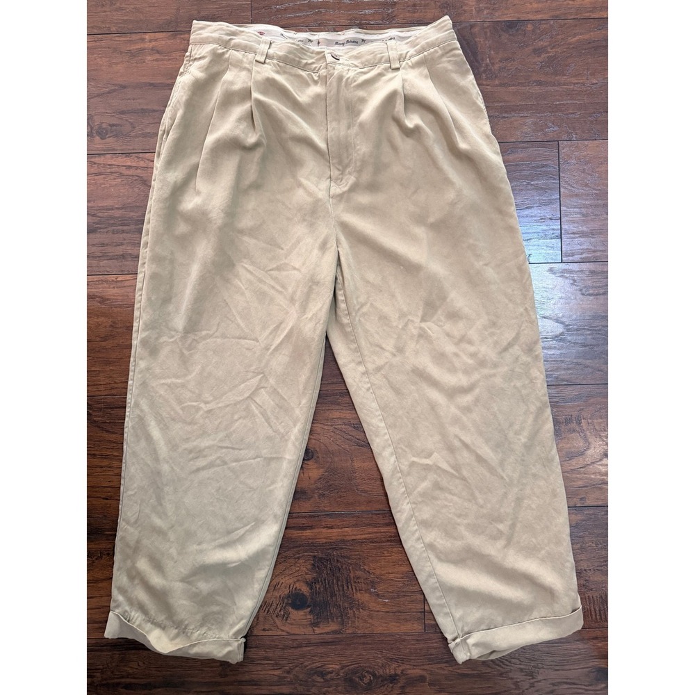 Tommy Bahama Relax Mens 35 Khaki Tan 100% Silk Pleated Cuffed Trousers Pants